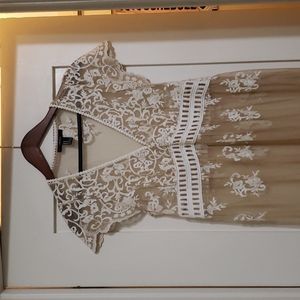 Sheer/Nude-colored Embroidered Maxi Dress with White Elements